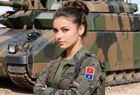 French, french badge, female soldier, 1girl, brunette, messy bun, camo military fatigues, camo military fatigues, outdoor, barracks, LECLERC tank, loving gaze