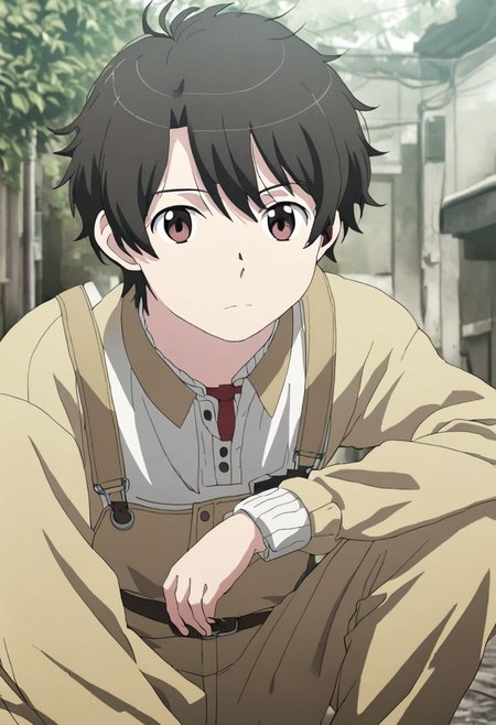 high resolution, solo, best quality, 1Boy, Inaho Kaizuka, Black Hair, Brown Eyes, lofi, candid, squat, depth of field, photo model, looking at viewer, OverallDetail