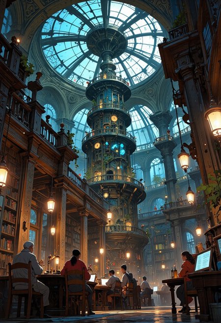 A colossal cylindrical library rises beneath an ancient glass dome, its structure mirroring a forgotten civilization's grand architecture. Towering bookshelves, stretching multiple stories high, spiral around the interior, filled with tomes bound in glowing blues, radiant reds, and shimmering golds. At the heart of the archive, a massive circular platform serves as a gathering place for scholars, cloaked in rich crimson and royal blue robes, engaged in heated debates and quiet study. The air is thick with the scent of aged parchment and candle wax, illuminated by floating lanterns casting golden light across the walkways. Sunbeams filter through the cracked glass dome, illuminating dust particles suspended in the air, while ivy and vines creep along the edges, intertwining with ancient carvings and mysterious glyphs. In the center, a grand levitating book hums with an ethereal glow, its pages flipping as if whispering secrets to those who dare to listen. Meanwhile, at the lowest level, scribes carefully copy lost knowledge under the flickering flames of hanging torches. In the distance, a spiral staircase winds toward the highest reaches of the library, leading to an unseen chamber filled with forgotten wisdom. This is The Grand Archive, a sanctuary of knowledge where past and future converge in a vibrant spectacle of intellect and mystery. Anime, Niji, citybkg, VibrantlySharp style., Anime art