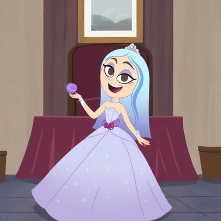 Andrea Davenport, 1girl, long blue hair, brown eyes, streaked hair, eyeshadow, Very long large straight tulle purple princess ball gown hoop skirt, ball gown hoop skirt, purple princess dress, hoopdress, my big princess gypsy wedding dress, ballgown, a girl in a dress posing for a picture, wearing a sleeveless ballgown, looking at viewer and smiling,