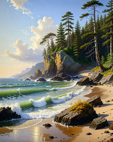 Creator Landscape, 
(style ofAlfred Thompson Bricher (Gilded Age coasts)), 
 Temperate kelp forest shoreline, wave-formed beach cusps, 
<lora:extremely_detailed:0.8> extremely detailed,
<lora:add-detail-xl:0.3>,
<lora:dreamshaperXL10_lora:0.3>
detailxl,
advntr,