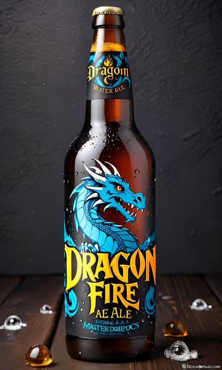 <lora:bevlabsdxl:0.9>,a beer bottle with a dragon on it, text " Dragon Fire Ale", bevlabsdxl,  best quality, masterpiece, water droplets, logo