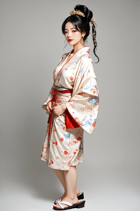 Beautiful colored portrait of a traditional Japanese geisha with a smooth, porcelain-white face, accentuated by delicate red and black makeup around the eyes and small, red lips in a precise, stylized shape. She wears an elaborate Shimada hairstyle, with her black hair elegantly pulled back into a high bun, adorned with ornate Kanzashi hairpins and combs made of tortoiseshell and silk. Her attire is a vibrant, intricately patterned silk kimono, featuring rich colors like deep red, gold, and black, with a wide obi belt tied in an elaborate knot at the back. The kimono sleeves are long and flowing, especially if she is a younger geisha, or 'NINI.' She is wearing traditional white tabi socks and raised wooden geta sandals. The overall appearance is refined, with every detail carefully chosen to reflect the grace and beauty of a traditional geisha. vivid colors, high contrast, dynamic, masterpiece, high quality, highly detailed, highly intricate, colored background, flowers, summer dress <lora:KahoPonySRV1:0.9>, Kaho, <lora:add-detail-xl:0.5>, <lora:Expressive_H-000001:1.2>, <lora:IzayoiLycoXL:0.3>, embedding:pureerosface_v1, A stunning real medium breasts Korean woman with long flowing dark hair, her piercing gaze directly addressing the viewer. score_9, score_8_up, score_7_up,  (ultra HD quality details), High Fashion,