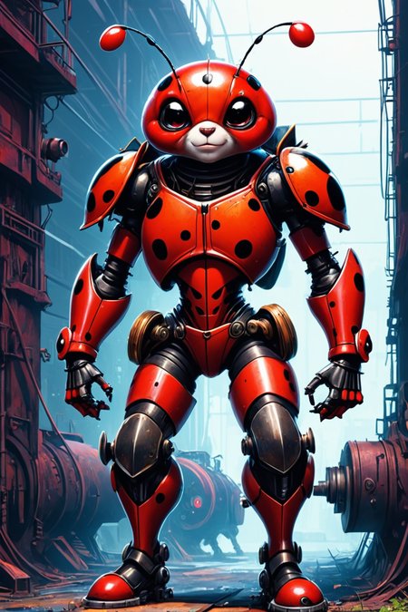 Detailed digital illustration of an anthro Ladybug (Pointing with confidence to distance) at a Abandoned cyberpunk factory with malfunctioning machinery, <lora:xl_more_art-full_v1:0.5>,  <lora:anthro_muscular:0.7> , <lora:madpunk:0.4> madpunk