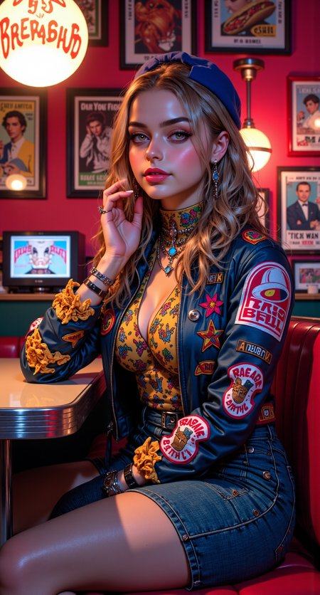 Portrait shot of a photorealistic woman sitting in a diner booth surrounded by lava lamps and framed Beavis & Butthead posters. Her jacket is covered in Taco Bell patches, her armor shoulder pads shaped like nacho trays, and her lipstick is blue raspberry.

photorealistic, 90s slacker aesthetic, funky food fashion, diner ambiance, vibrant color, offbeat and stylish










fmlas-mk.1, mythp0rt,