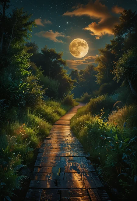 A serene moonlit path winds through a tranquil forest, bathed in the soft glow of a full moon, The wooden walkway is bordered by lush greenery and tall grass, shadows dancing gently as the night breeze rustles the leaves, The sky is a deep velvety indigo, few clouds that partially veil the radiant moon, The peaceful scene evokes a sense of calm and wonder, celestial light, <lora:MJ52:0.7>, <lora:add-detail-xl:1>, <lora:SDXLFaeTastic2400:0.3>, <lora:CinematicStyle_v1:1>, <lora:zavy-cntrst-sdxl:0.7>