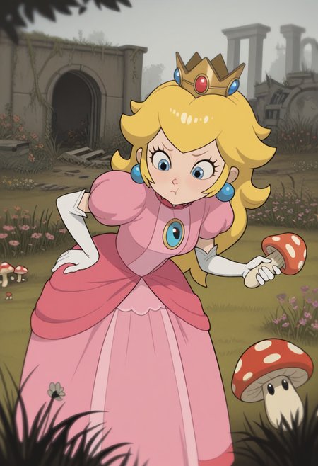 W411,   masterpiece, best quality, solo,                                                                                                                          princess peach, pink dress, small blue eyes,  crown, leaning forward, hand on hip, pouting, holding a mushroom, garden, grass, flora, flowers, ruins, cobble,
