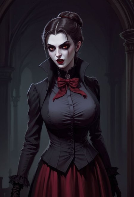 (video game illustration in jrst artstyle:1.2) about a victorian female vampire from a gothic horror RPG game; busty, large breasts, slender