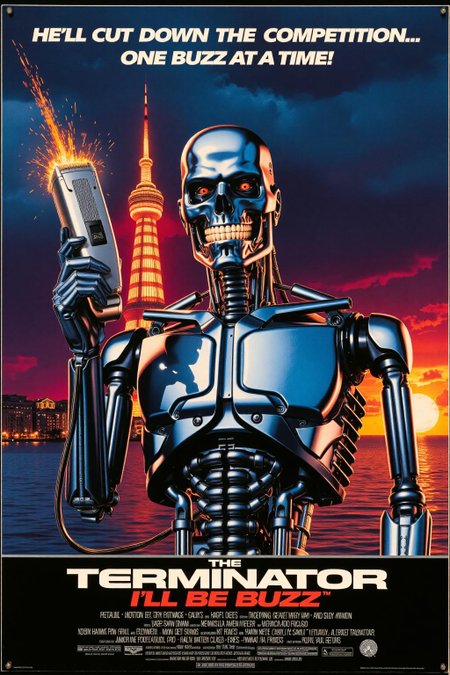 Vintage movie poster for "The Terminator: I'll Be Buzz", featuring a robot with a goofy, wide grin holding an oversized, futuristic electric shaver instead of a weapon. The robot is posed in the classic Terminator stance, but with one eyebrow raised humorously, as if preparing for a buzz-cut rather than a battle.
In the background, a neon-lit cityscape glows under a stormy sky, with sparks flying dramatically around. The tagline at the bottom reads: "He'll Cut Down the Competition... One Buzz at a Time!" The overall design is a fun mix of action and comedy, with metallic textures and a light-hearted twist on the iconic Terminator theme.
In the background, a sunset over calm Caribbean waters sets a luxurious yet absurdly adventurous mood. The tagline reads: "Sailing the High Seas... for High Fees!"
 <lora:Movie_Posters:0.8> <lora:schnell_v1.0:1.0><lora:788600246876953264:0>