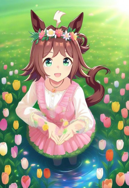 Tulip flower hair_ornament, (umamusume, rhein_kraft_(umamusume), horse_ears, horse_girl, tail, 1girl, ahoge, animal_ears,)
casual, field, flower, flower_field, green_eyes, hair_between_eyes,
head_wreath, looking_at_viewer,  solo, aesthetic, absurdres, symmetric ,spiralling vortex made of multicoloured tulips, lush foliage sunrise,  ripples, reflective, jaynl-tm, rainbow, , g0ldsw0rthy,
(realistic, photo,  artistic, medium_hair, one_eye_closed, petals, relaxing, smile,  : 0.7)
