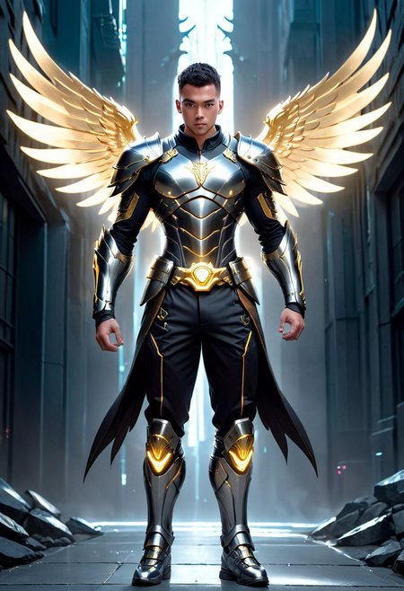 Hyper-realistic, 4K picture resolution, hi-depth, long-panorama angle view,  Eurasian attractive man, black tidy haircut, polished and shine black steel gigantic griffin exoskeleton wings that span wide to the heavens, deep embossed Venus symbol on the chest, shine and polished silver steel scales armor with muscle abs, long exoskeleton pants, fighting moves and scenes, grey illuminated magical aura surrounding the armor, intimidating expression, moden cyberpunk alien city background, (holding golden illuminated acient magical saber and slashing the air with magical power), (aura:2.8), belt filled with gadgets and tools, gigantic expansive wings, EightClover