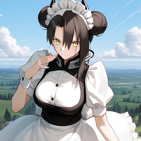 <lora:Takeuchi_Takashi_PonyXL_style_v01:1>
<lora:agent.pony:1>
score_9 , score_8_up , score_7_up , source_anime , 
masterpiece , best quality , ultra-detailed , 
BREAK
agent \(girls' frontline\), maid
1girl , woman , huge breasts , light smile , light blush , ((medusa (fate)):0.5)  , 
long black hair  , maid dress ,  
fly up to the cloudy regions