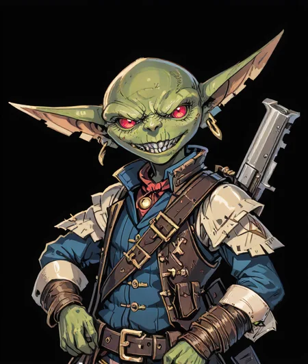 goblin desperado, fantasy, wild west, cowboy <lora:Path_goblin:1> <lora:fantasy:1> <lora:interesting:1> <lora:EnvyLineArtSliderXL01:1> colt single action army, revolver <lora:EnvyCharacterPortraitHelperXL01:0.8> solo character portrait, dark background, bald, flintlock,