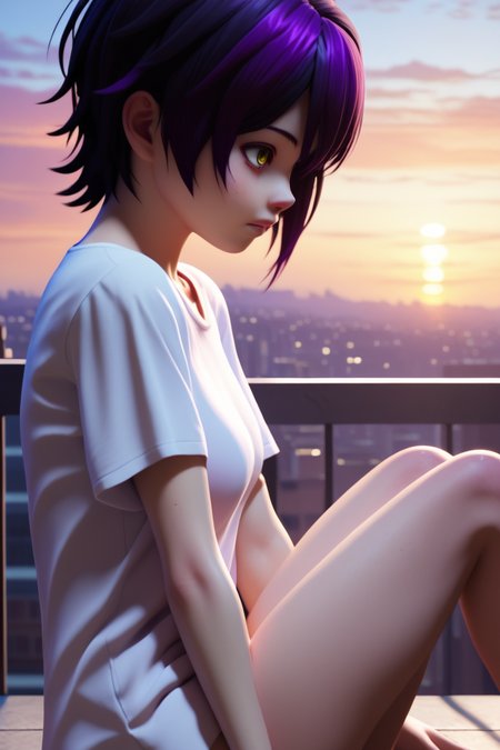 score_9, score_8_up, score_7_up,score_6_up,score_5_up,score_4_up, nihilo, 1girl,wide shot, from above , solo, black hair, yellow eyes,short hair, sitting,  rooftop, looking afar, sunset,purple hair, white t-shirt,oversized clothes,long t-shirt,knee up,no pants,from side,3d,thigh,  <lora:NihiloPony:1>