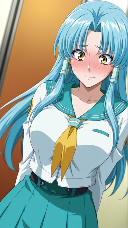 source_anime, general, best quality, masterpiece, 1girl,  <lora:Glacies_ill_v1.1:1> glacies\(srw\),hair tubes, blue hair,yellow eyes, large breasts,long hair,earrings, jewelry,serafuku, flustered,  dynamic pose, dutch angle,