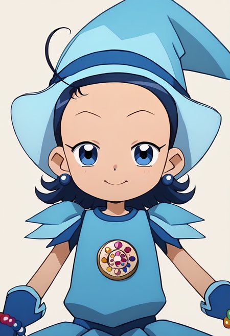 score_9, score_8_up, score_7_up, score_6_up, score_5_up, score_4_up, masterpiece, source_anime BREAK 1girl, c-aiko, blue hair, short hair, blue eyes, ahoge, blue witch hat, blue dress, short sleeves, necklace, jewelry, blue earrings, bead bracelet, blue gloves, looking at viewer, simple background, beige background,  <lora:Aiko_Seno_PONY_c:1>