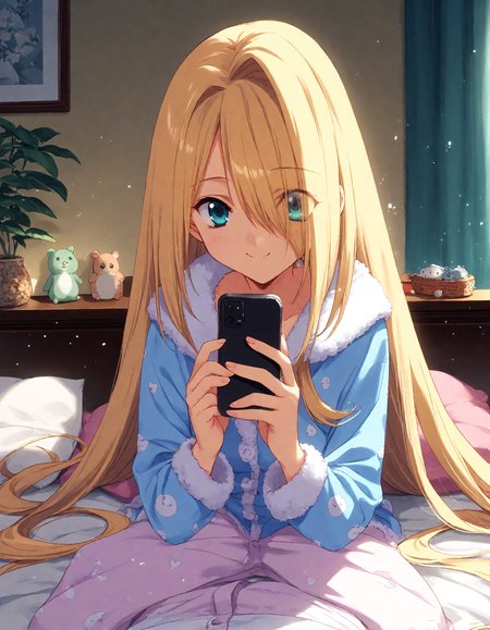 score_9, score_8_up, score_7_up, masterpiece, best quality, absurdres, official art, official style, (anime coloring, anime screencap, megami magazine, flat color:1.3), zPDXL2, zPDXLxxx,
<lora:Nanase_Aoi_Style_Pony_v1:1.0>, 1girl, solo focus, Nanase_Aoi_Style
bedroom, on bed, bed sheet, dim lighting, light particles, (pov:1.3), looking at viewer, dutch angle, 
, bed, hood down, indoors, sitting, blonde hair, pillow, wariza, hood, smile, eyes visible through hair, pajamas, curtains, long sleeves, hair over one eye, holding, holding phone, long hair, cellphone, barefoot, very long hair, phone, pov hands