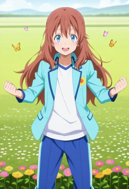 masterpiece, best quality, anime screencap, anime coloring, official style, , looking at viewer, 1boy, male focus, ice blue eyes, ash brown hair, long hair, Track pants, Voile Abstract Blazer, , ,, solo, flower meadow, wildflowers, butterflies, rolling hills, spinning pose, carefree laugh, afternoon sun, <lora:tensura_style_ilxl:1>, tensura_style,