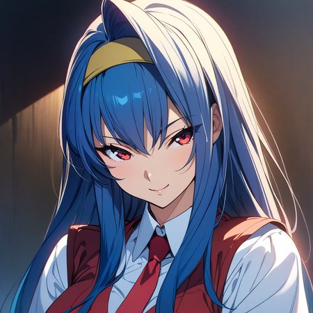 (masterpiece),(best quality),(ultra-detailed),(best illustration),(best shadow),(absurdres),(detailed background),(very aesthetic),
saki_tsuzura, blue hair, long hair, red eyes, yellow hairband, medium breasts, white shirt, red vest, red necktie, upper body, portrait, from the front view, seductive smile, anime coloring
<lora:XL-SakiTsuzura:1>