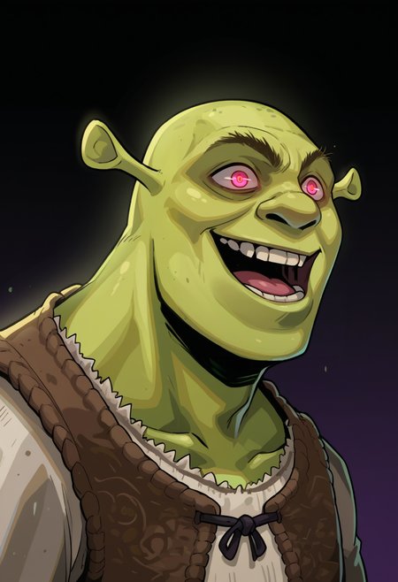 score_9, score_8_up, score_7_up, BREAK <lora:hades-guy-PONYv1:1>, shadow, portrait, 1boy, solo,  <lora:Shrek_XLPD:0.8> shrek, green skin, shaded face, crazy smile, evil eyes, glowing eyes, dark background, glowing, evil smile, open mouth, from side, laughing,