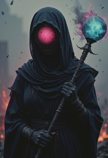 Pop Art Photograph, S1n0z1ck style, bold lines, The image is a dark, moody Photo with a surreal, almost gothic aesthetic. Flat color, planethead, planet-head, Face Zoom, Extreme Closeup Portrait of a Bedouin sorceress in a tattered armor-like robe that flows around her, embodying a mystical yet worn aesthetic. Her face resembles a translucent, deep black-amber sphere, partially obscured by a deep black hood that casts shadows over her features. Soft, ethereal steam gently rises from the sphere, enhancing its otherworldly presence. planet-head, planethead, Her powerful stance is accentuated as she wields an orb-staff topped with a translucent, magical pale pink Blue sphere, the breathtaking centerpiece of the image. The orb hums with energy, glowing intensely as it gathers the swirling souls of the battlefield. The sorceress stands amidst chaos, with debris and glowing spectral forms flying in every direction. Her robe flutters dramatically, contrasting against the deep blacks and muted greys of the battlefield. Focus on the pale colorful negativ black neon glow of the orb-staff, its light refracted in ethereal patterns, with soundwave-like distortions rippling through the energy as it bends the chaotic light surrounding her.,
