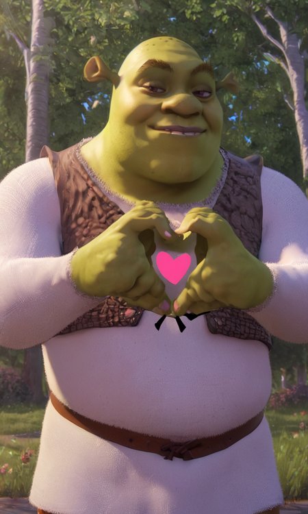 score_9, score_8_up, score_7_up, 1boy,  <lora:Shrek_XLPD:1> shrek, green skin, smirk, (heart hands:1.5), park, trees, sunny, bluesky, 