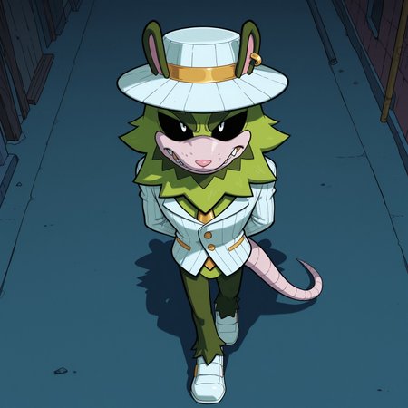 2d, 1boy, solo, Clutch, male, furry, furry male, two tone fur, opposum, black sclera, animal ears, white pupils, green fur, dark green ears, golden earring, sharp teeth, gold tooth, pink nose, thick eyebrows, dark green eyebrows, green spiky beard, pale peach muzzle, pale peach fingers, clawed fingers, furless fingers, pale pink tail, dark green legs, white tuxedo jacket, gold necktie, gold buttons, gold pockets, gold cufflinks, white loafers with gold accents, bottomless, white and yellow bucket hat, animal ears on hat

BREAK walking, alleyway, hands behind back, night, hat shadow, serious expression, from above, dark environment 

BREAK best quality, amazing quality, very aesthetic, absurdres, newest, masterpiece