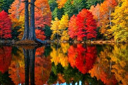 Stable_Yogis_PDXL_Positives,<lora:sdxl_lightning_8step_lora:1>,A still lake reflecting the vibrant colors of an autumn forest, with trees adorned in shades of red, orange, and gold, The perfect mirror image enhances the beauty of the scene,âââ