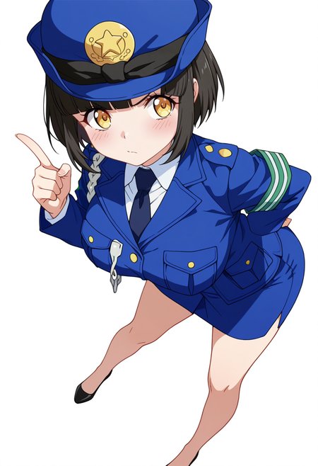 Smooth Quality,masterpiece,very intricate, high quality details, ultra realistic, high detailed skin,detailed enviorement,absurdres,
index finger raised,
 <lora:Tachibana_Mei_CNR:0.8> mei_cnr,  black hair, short hair, bob cut, blunt bangs, yellow eyes, large breasts,mei_cnr_def, 1girl,police uniform, blue jacket, shirt, collared shirt, pencil skirt, blue necktie, armband, police hat, breast pocket,black footwear,, sulking,, simple background, white background, dynamic angle,solo,