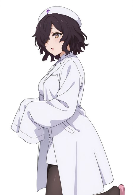 Smooth Quality,masterpiece,very intricate, high quality details, high detailed skin,detailed enviorement,absurdres, 
simple background, white background,from side,
 ;o,
 <lora:Kiclacnn:0.8>
Kiclacnn, 1girl, black hair, brown eyes, symbol-shaped pupils, short hair, hair over one eye, 
nurse cap, lab coat, slippers,black pantyhose, pink footwear, sleeves past wrists,