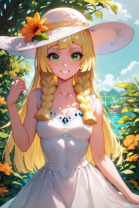 score_9, score_8_up, score_8, medium breasts, (curvy), cute, eyelashes,       BREAK, , BREAK, zzlillie, long hair, braid, sun hat, white headwear, collarbone, sleeveless dress, white dress, <lora:Lillie_PonyXL:0.8>,, <lora:AnatoFinnstarkStyle_PDXL:1.0>, , BREAK,  smile, looking at viewer, cowboy shot,  embedding:zPDXL, Expressiveh, <lora:SDXLFaeTastic2400:0.5>,  <lora:Expressive_H-000001:0.4>,