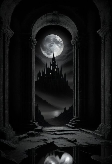 fantasy. dark. dramatic. inside an abandoned ruin of a huge castle. detailed stone columns. at night. Moon visible through the window. grey, black and white colors
perfection style, colorful, vivid background, midjourneyv6.1, Dark Fantasy page, dark, chiaroscuro, low-key, blackmetal style, xerox, black and white