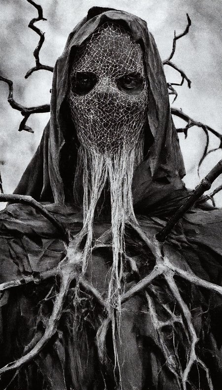 Close-up of a surreal, otherworldly creature with a webbed, spiderweb-like mask covering its face, surrounded by twisted, branch-like tendrils hanging from its head and shoulders. The creature is draped in tattered, dark fabric that flows like a cloak. The scene is bathed in a cold, grayscale color palette with high contrast, featuring intricate detailing in a dark, surreal style. The background is a soft, blurred gray, emphasizing the creature’s eerie form.