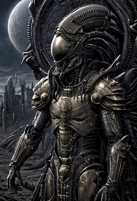 An insanely Detailed Divine Xenomorph, Golden and silver in color, a crimson tinge to the golden color, Hyperdetailed, Omnipresent, Beautiful, Sinister overtones, otherworldly,((masterpiece, best quality)), fantasy, solo, 1 alien knight, silver armor chestplate with silver medieval ornaments and runes, galactic night sky background, perfect composition, sidelighting, outdoor, in a duster standing alone in the desert, art by hr giger,