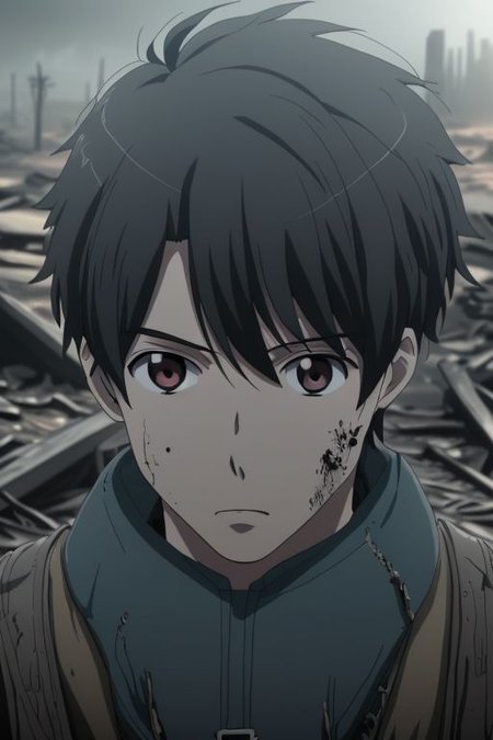 high resolution, solo, best quality, 1Boy, Inaho Kaizuka, Black Hair, shallow depth of field, Post-Apocalyptic, survival, OverallDetail