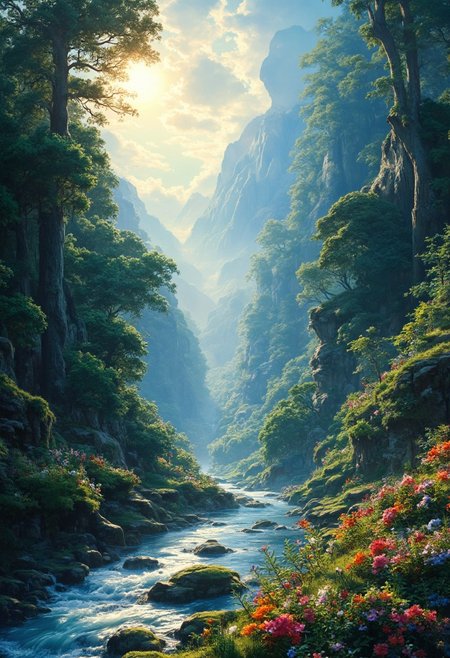 ( Soft colors and dreamy morning landscape), beautiful in the forest, A narrow river, beautiful view, full of beautiful flowers, sunrise sky, beautiful clouds, dappled sunlight, 
A wonderful waka-like landscape, 
I can see the mountains in the distance, 
depth of field, masterpiece, best quality, ultra-detailed, very aesthetic, illustration, perfect composition, intricate details, absurdres, moody lighting, wisps of light, no humans,