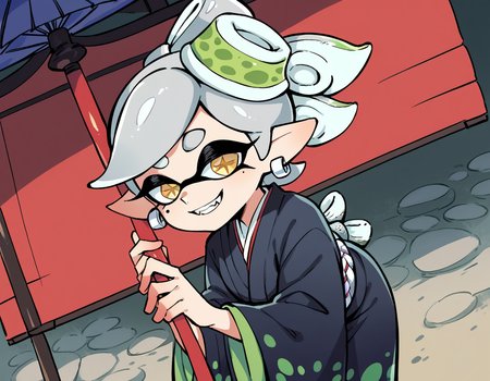 score_9, score_8_up, score_7_up, source_anime,
splatoonmarie, <lora:splatoon-marie-ponyxl-lora-nochekaiser:1>,
marie, fangs, grey hair, mole, mole under eye, pointy ears, short hair, yellow eyes, domino mask, mask, tentacle hair,
earrings, hair ornament, japanese clothes, jewelry, kimono, long sleeves, mole, mole under eye,  umbrella, wide sleeves,
outdoors, shrine, bent over, smile,
solo, dutch angle, looking at viewer, cowboy shot,