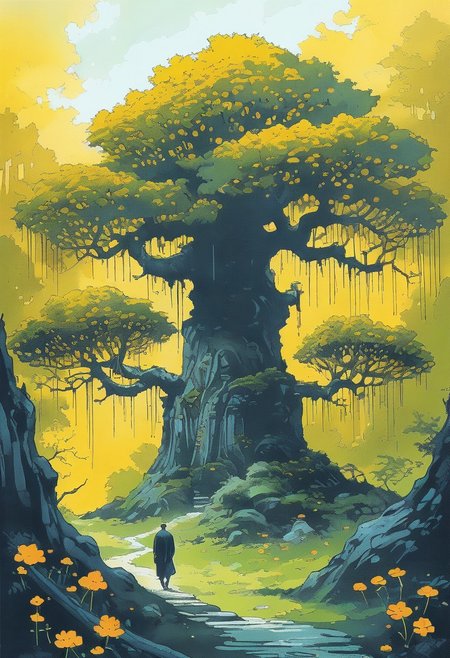 <lora:kallmekris:0.5> kallmekris mixed with <lora:esme_sdxl:0.5> esme , fantasy, fantasy art, A mystical forest filled with ancient trees, glowing flowers, and ethereal creatures like fairies and talking animals. animals, fairies, magical creatures, fantastic beasts,  The atmosphere is both enchanting and eerie, with shadows of lurking dangers. In the center, a majestic tree with golden leaves serves as a gateway to different realms. Bengali landscape, Indian landscape,, i oil painting, palette knife soft brushstrokes, heavy strokes, dripping paint, art station on trend, sharp focus, intricate details, highly detailed ,art by enki bilal, art by philippe druillet, art by moebius, inspired by french comics art ,art by Jakub Rozalski,