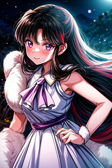 masterpiece,  best quality 1girl Setsun4 solo long hair,  (night time) forest background black hair very long hair purple eyes multicolored hair armor (fur trim) (medium body),<lora:EMS-179-EMS:0.800000>,<lora:EMS-293862-EMS:0.800000> bow, hair_bow, hair_tubes, red_bow, brown_hair, long_hair, bangs, sidelocks, ascot, brown_eyes, frilled_bow, yellow_ascot, blush, smile, hair_between_eyes