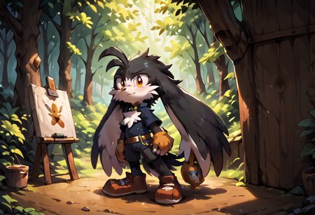 score_9, score_8_up, score_7_up, score_6_up, score_5_up, score_4_up, <lora:Klonoa_Character_PonyXL:0.8> ,  Klonoa, two long ears, fur, anthro, Klonoa, g5, rich colors, forest operations, forest, thicket, communal appearance , presents a painting of rabbits and pony, aroused, front view, detailed background, detailed, 8k quality, side view, beautiful, teasing, easel and brushes, leaned to the floor, freely actions,