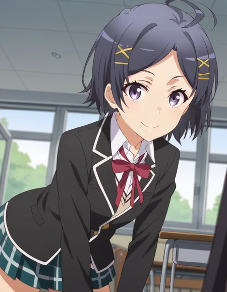 score_9, score_8_up, score_7_up, source_anime,
komachihikigaya, <lora:komachi-hikigaya-s2s3-ponyxl-lora-nochekaiser:1>,
komachi hikigaya, short hair, black hair, hair ornament, ahoge, hairclip, x hair ornament, purple eyes,
skirt, ribbon, school uniform, jacket, black jacket, plaid, plaid skirt, blazer, sobu high school uniform,
indoors, classroom, bent over, smile,
looking at viewer, cowboy shot, solo, dutch angle,