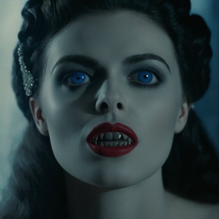 cinematic film still of  <lora:perfect sclera eye style v2:0.5> very big reflective blue eyes 
 <lora:Female Vampire 2:0.5>  <lora:brides of dracula style:0.5>
closeup, 15th-century 1897 a vampire woman with a creepy look on her face staring at camera with vampire fangs and vampire reflecting eyes and red lips Kodak Eastman EXR 50D 5245, EXR 500T 5296 Cinematic Film in a scene from the brides of dracula style, shallow depth of field, vignette, highly detailed, high budget, bokeh, cinemascope, moody, epic, gorgeous, film grain, grainy