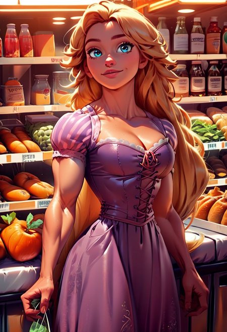 score_9, score_8_up, score_7_up, source_illustration; 1 girl, Rapunzel, muscular, jacked,  bodybuilder; long hair, blonde, blue eyes; bowsette dress; at the grocery store; grocery store fruits and vegetables in the background; detailed eyes,  intricate details,  colorful; rating_safe