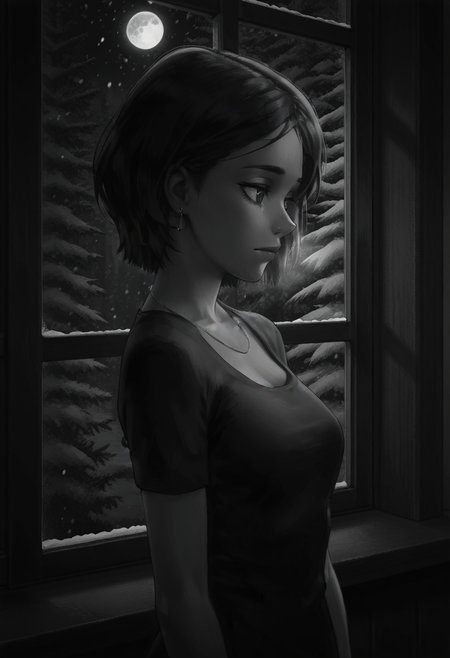 Graphic Design, greyscale, monochrome, intricate details, high contrast, detailed background, beautiful detailed, beautiful face, detailed eyes, detailed face, new, k4r1n4, 1girl, solo, jewelry, short hair, earrings, black hair, black dress, short sleeves, upper body, looking at side, looking at window, window, night, moon, winter, room, dark, moonlight, from side, forest, snowing, (masterpiece, best quality, newest, recent, absurdres),