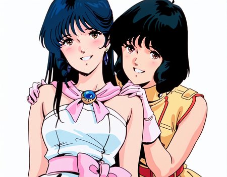 2girls, two girls shoulder to shoulder, upper body,  looking at viewer, 
anime screencap, anime, beautiful, highly detailed, standing, dark, cinematic lighting, anime coloring, simple background, (white background:1.5), <lora:anime_screencap:0.7>, <lora:add_detail:0.5>, 
BREAK
LEFT
sleeveless yellow and red outfit, y(closeup:1.3), white gloves, sleeveless, dress, <lora:Fa_Yuiry_Mobile_Suit_Zeta_Gundam:1>, blush, smile, teeth, short hair, red belt, black hair, 
BREAK
RIGHT
<lora:illustrious_XL_minmei:1.5>, minmei, masterpiece, best quality, good quality, newest, huge filesize, white idol dress, pink gloves,earrings on one side, standing. , dark blue hair, brown eyes,  long hair, pink sash, pink shawl, blue brooch,