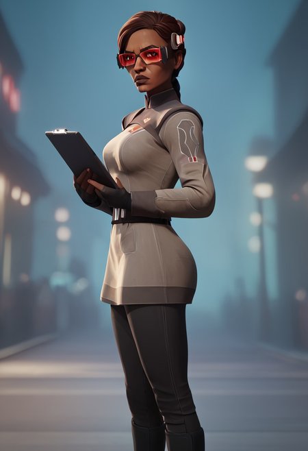 score_9, score_8_up, score_7_up, High quality, high detail, solo, perfect eyes, perfect lips, masterpiece, best quality, dynamic lighting, dark-skinned woman,
 emeriekarr, brown eyes, grey uniform, black gloves, black pants, black boots, standing at attention, looking at viewer, stern, cowboy shot, on a  Star Wars city street background, bokeh background,concentrated, holding a tablet,red-tinted goggles ,3d style, side view, full body view
