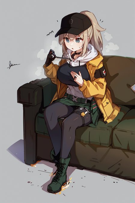 1girl,unparalleled masterpiece, mature female, ((thick thighs, huge chest, mature, adult))

girls'_frontline, dima_(girls'_frontline), gar32, 1girl, black_pantyhose, blue_eyes, boots, combat_boots, full_body, long_hair, pantyhose, ponytail, signature, simple_background, sitting, skirt, solo, thigh_strap
 <lora:dimaGirlsFrontline_10:0.6>