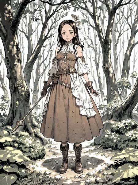 1girl artist_name boots brown_dress brown_footwear brown_gloves brown_hair bush crown dress fantasy fingerless_gloves forest gloves green_eyes holding holding_staff leaf leaf_cape leaf_clothing long_hair looking_at_viewer nature outdoors plant_clothing signature sleeveless sleeveless_dress solo staff tree web_address
, <lora:Berserk:0.8>, score_9, score_8_up, score_7_up, zPDXL3, monochrome, greyscale