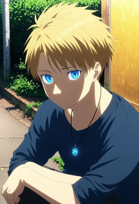 high resolution, solo, best quality, 1Boy, Yamato Ishida, Blond Hair, Blue Eyes, Necklace, lofi, candid, squat, depth of field, photo model, looking at viewer, OverallDetail