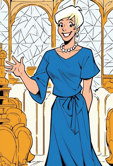 score_9_up, score_8_up, score_7_up, score_6_up, 1girl, solo, herm1one_l0dge, short hair, white hair, blonde hair, pearl necklace, earrings, blue shirt, long skirt, smile, standing, (one hand behind back), waving, in mansion, indoors,  retro artstyle, comic book art, (painted art)